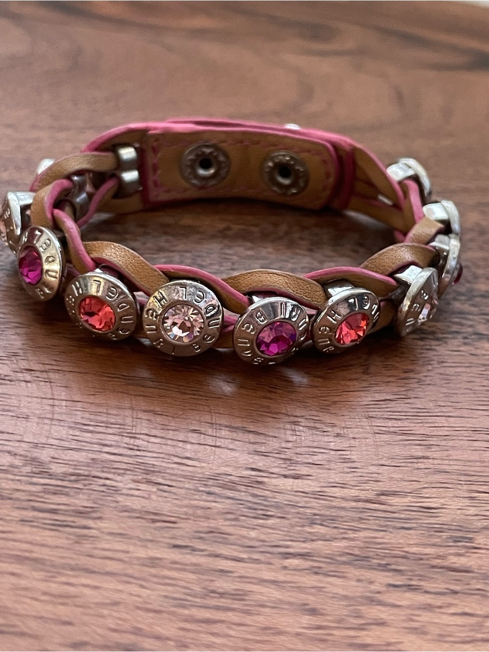 HENRI BENDEL Brown Braided Leather Bracelet W/Silver Tone Multi Color Bezels